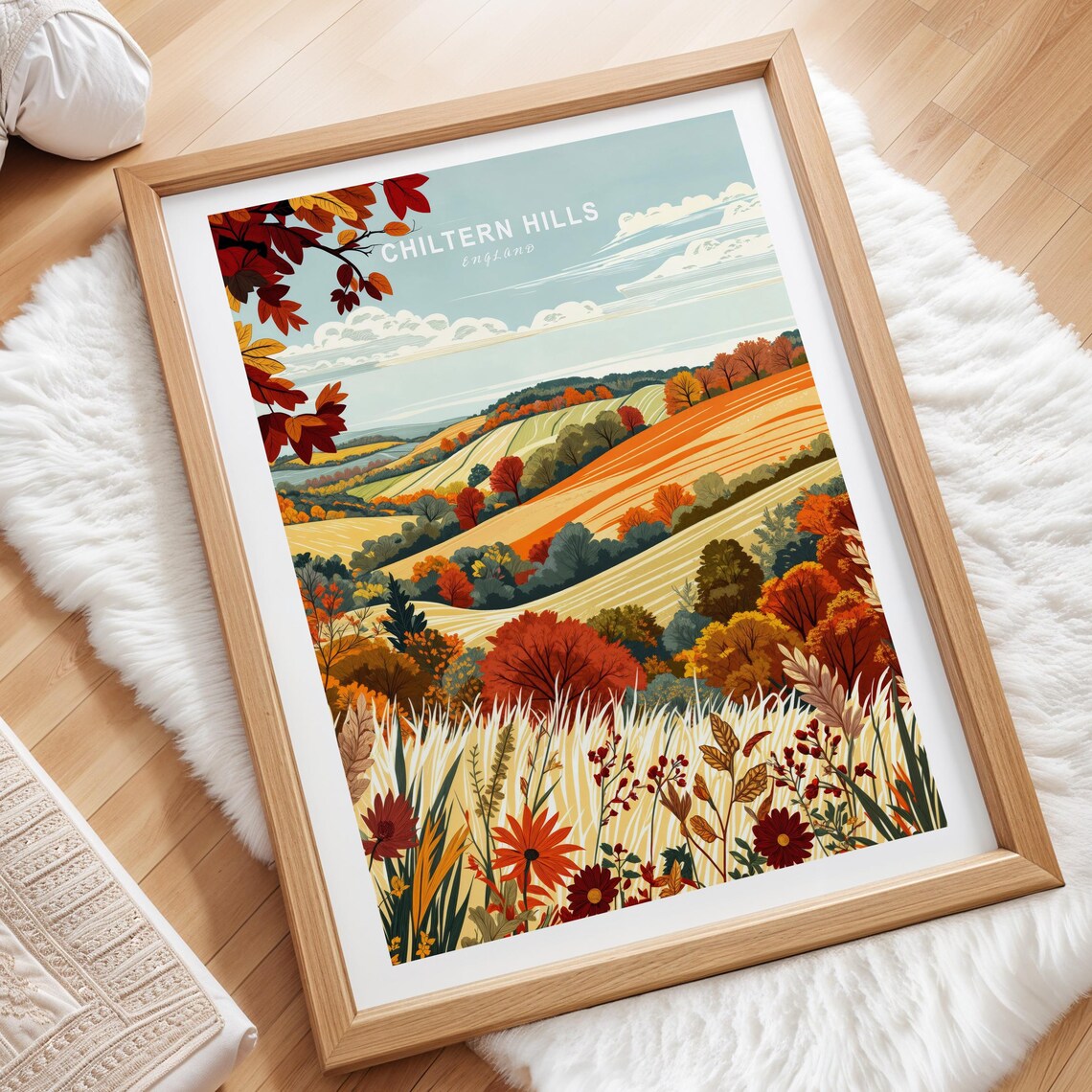 Chiltern Hills England Autumn Golden Rolling Fields Travel Poster