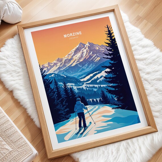 Morzine France Snow Mountain Sunset Skier Vintage Travel Poster
