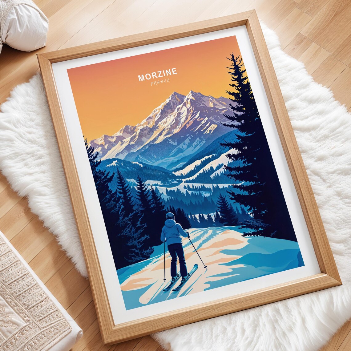 Morzine France Snow Mountain Sunset Skier Vintage Travel Poster