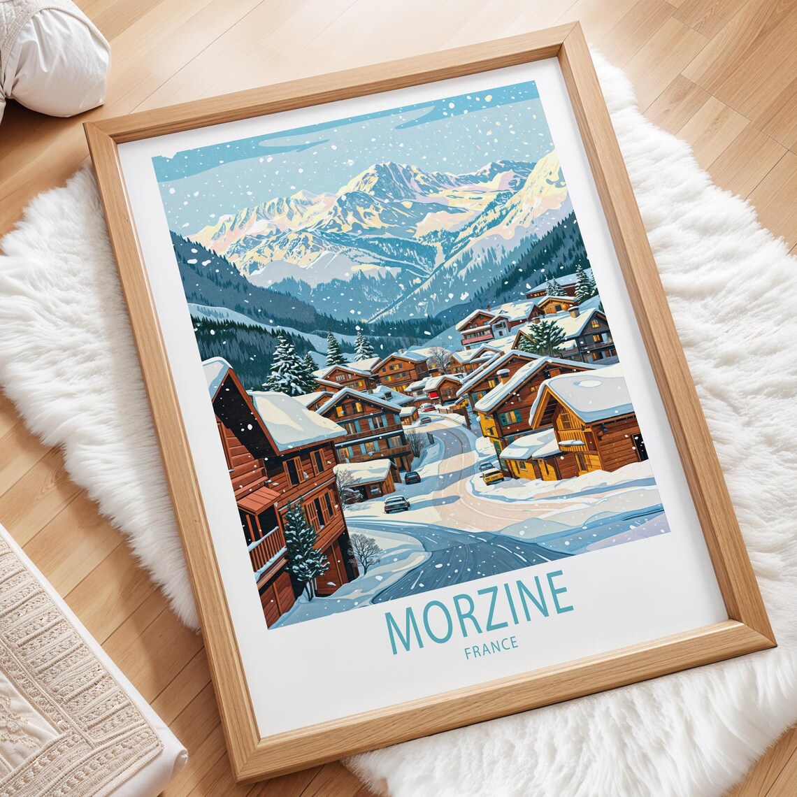 Morzine France Snowy Village Chalets Falling Snow Alpine Travel Poster