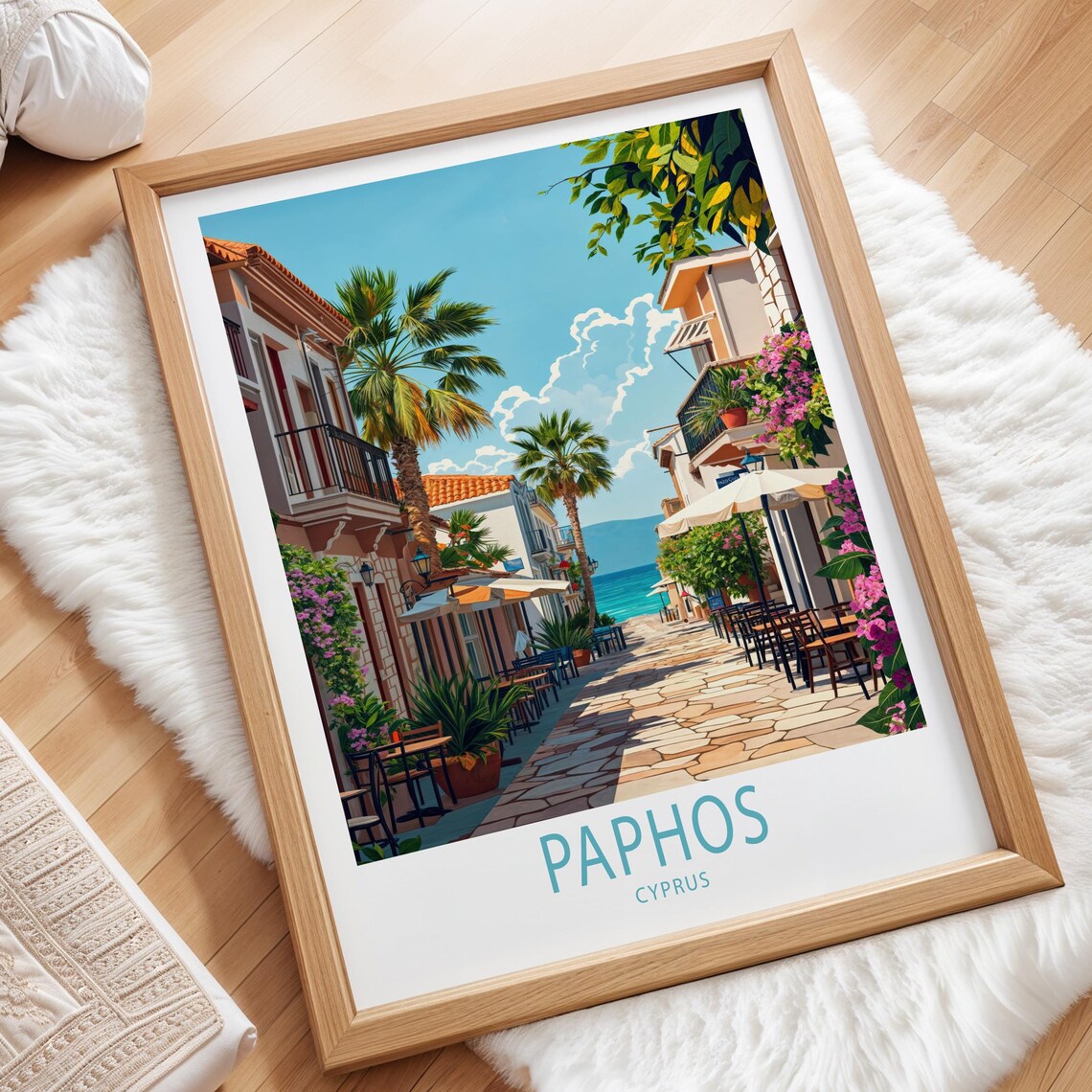 Paphos Cyprus Bougainvillea Old Town Seaside Street Travel Poster