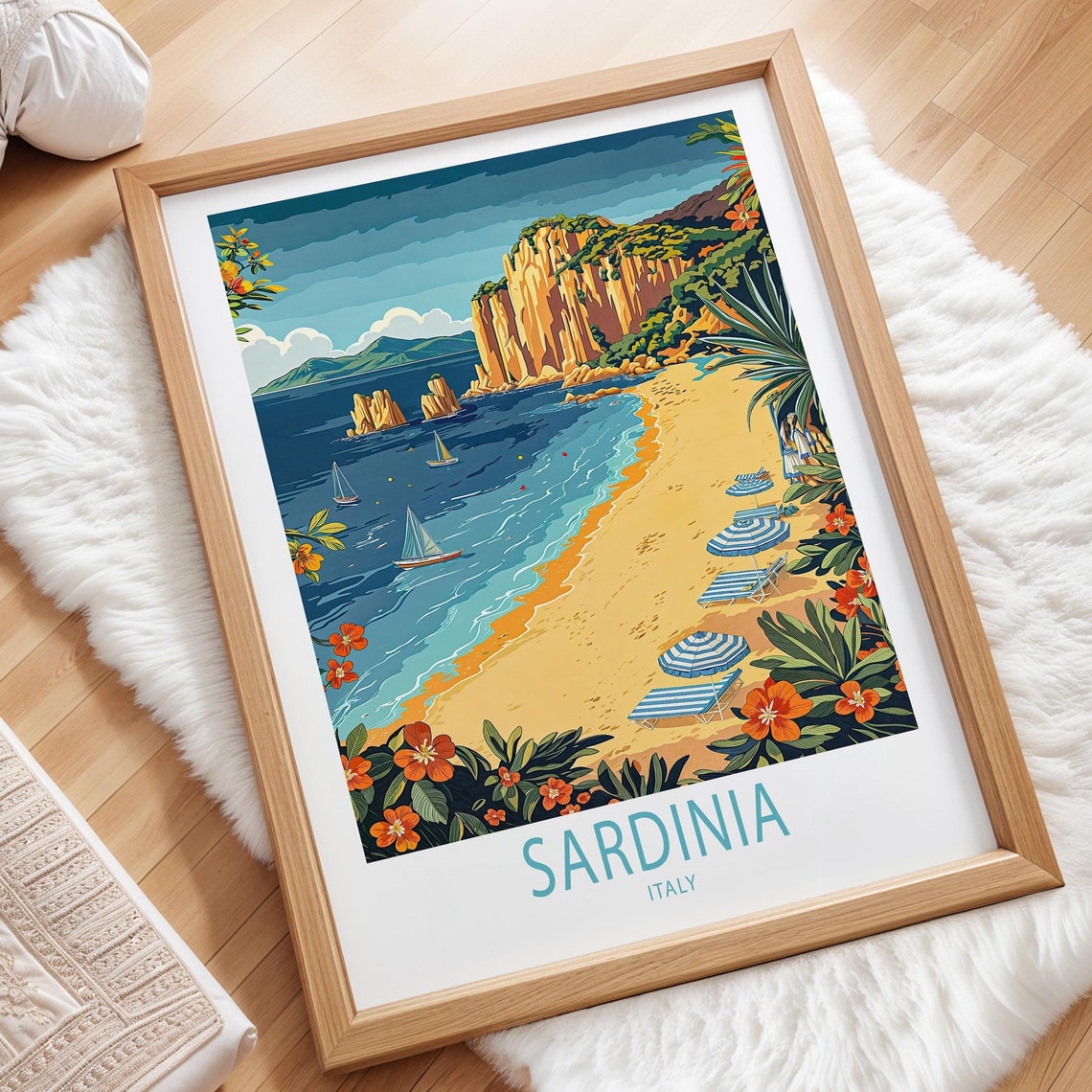Sardinia Italy Vintage Travel Poster Golden Cliffs Sailing Beach