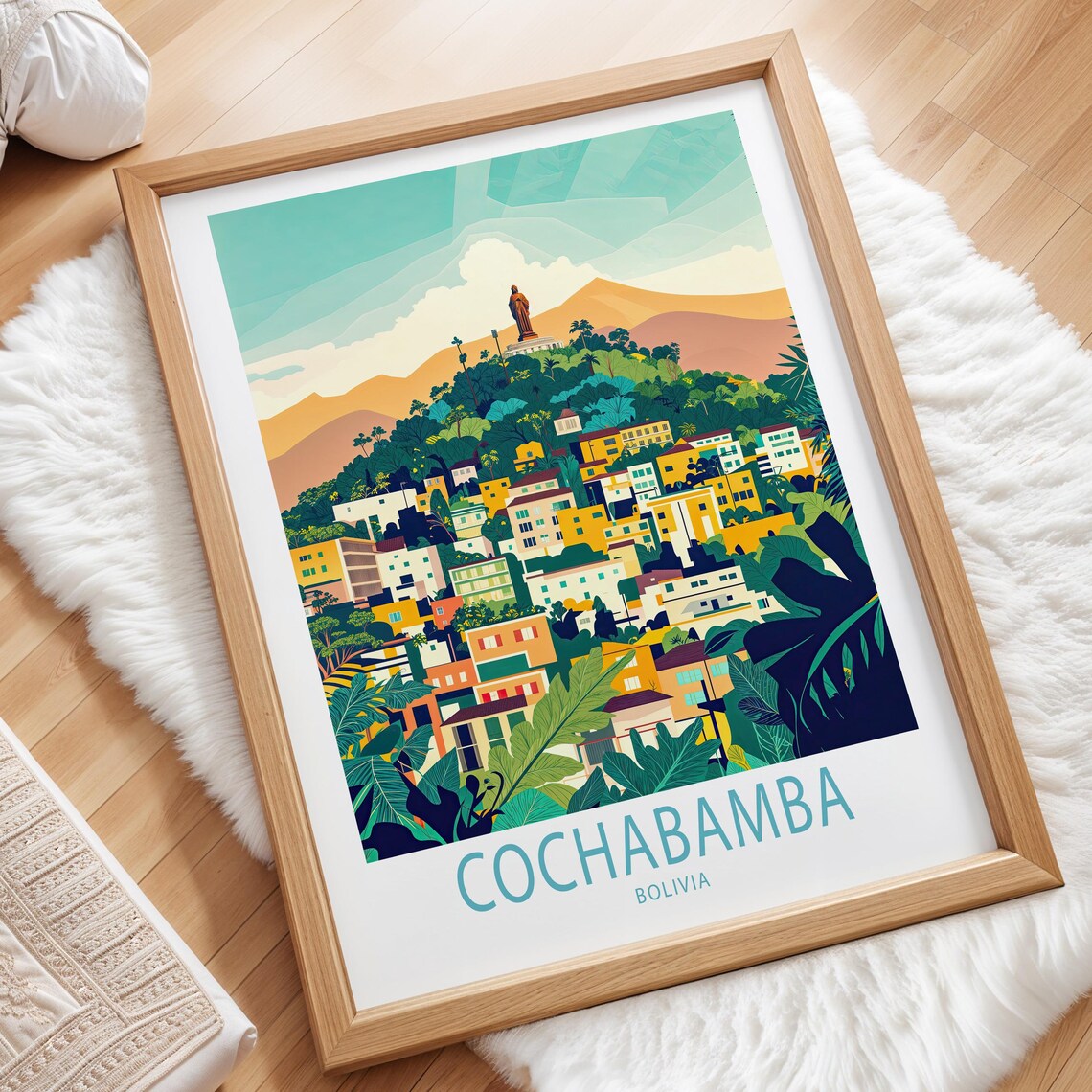 Cochabamba Bolivia Colorful Hillside City Below Hilltop Statue Poster