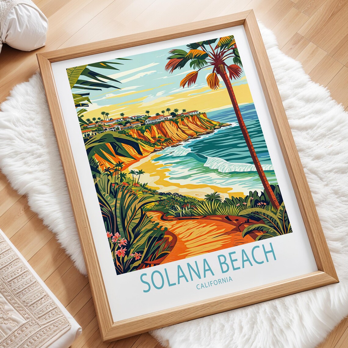 Solana Beach California Palm Framed Ocean Bluff Coast at Dusk Poster