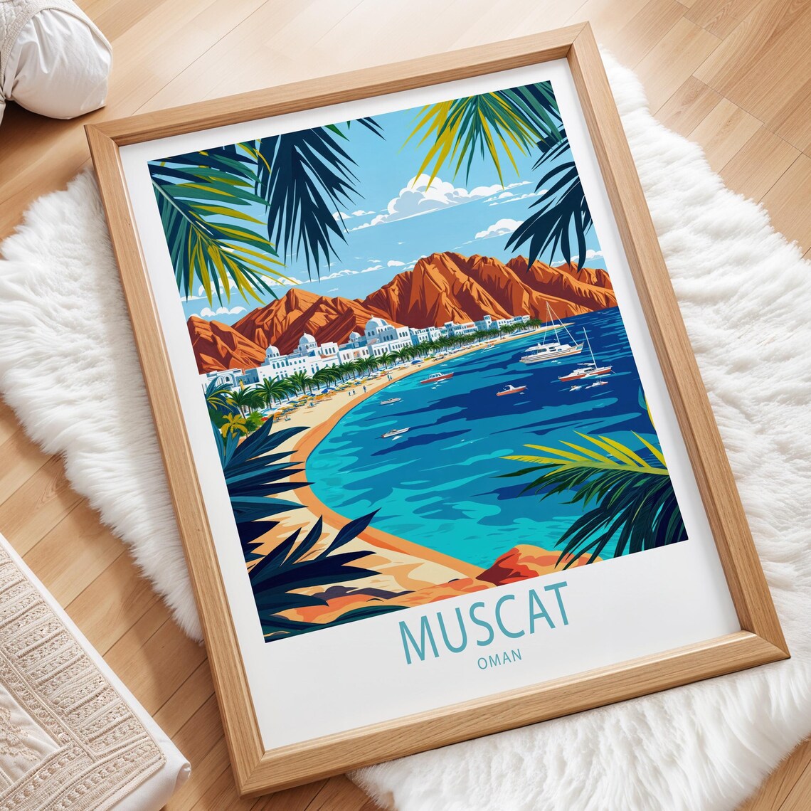 Muscat Oman Coastal Bay White Buildings Red Mountains City Poster