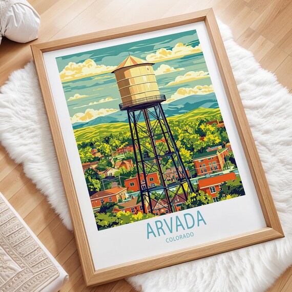 Arvada Colorado Travel Poster Historic Water Tower Town View