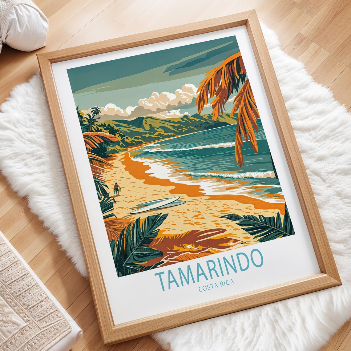 Tamarindo Costa Rica Travel Poster Surf Beach Palm Trees Sunset