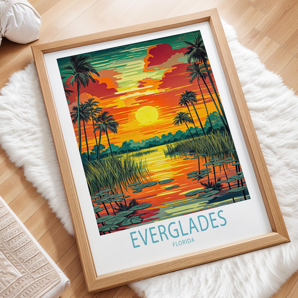 Everglades Florida Sunset Over Wetlands With Palm Silhouettes and Clouds Poster