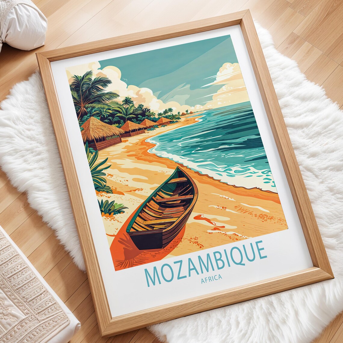 Mozambique Africa Beach Scene Rowboat Thatched Huts Travel Poster