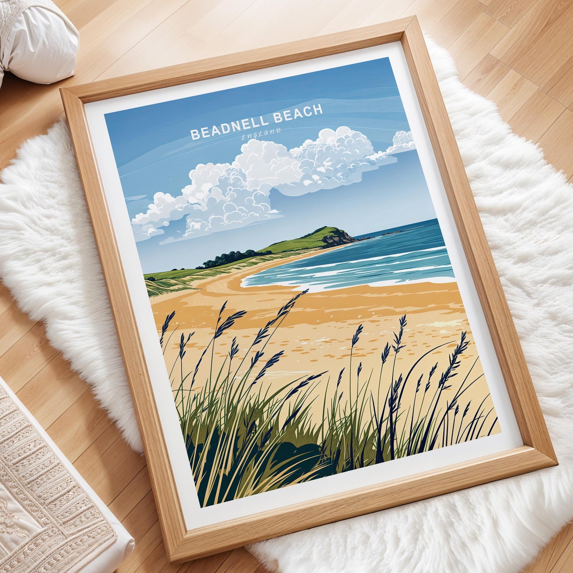 Beadnell Beach England Scenic Sandy Shore Dune Grass Cloud Poster