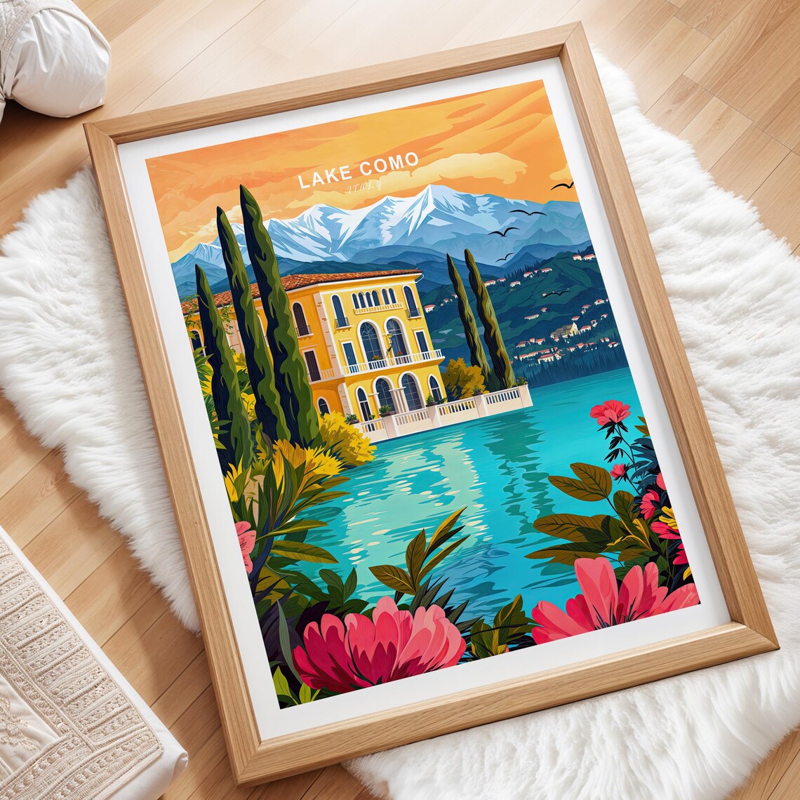 Lake Como Italy Golden Lakeside Villa Cypress Trees Sunset Poster - Image 3