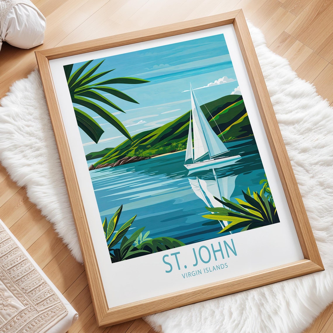 St. John Virgin Islands Sailboat on Turquoise Bay Coastline Poster