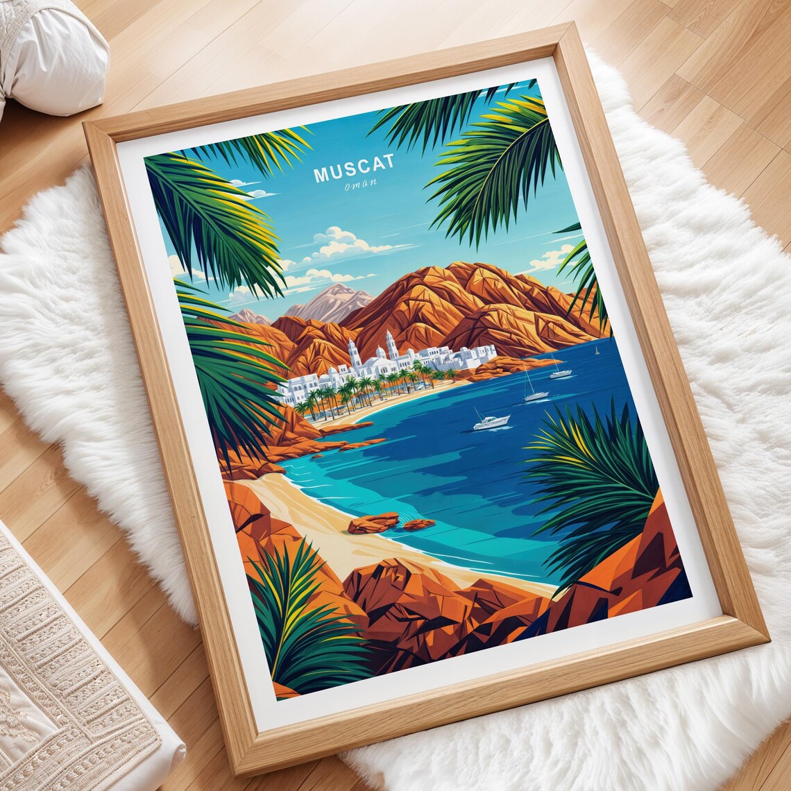 Muscat Oman Tropical Bay White Buildings Palm Coast Travel Poster