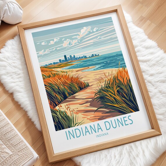 Indiana Dunes Indiana Dune Grasses Beach and City Skyline Across the Lake Poster