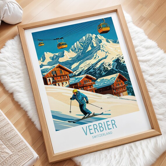 Verbier Switzerland Skier in Front of Alpine Chalets and Gondola Poster