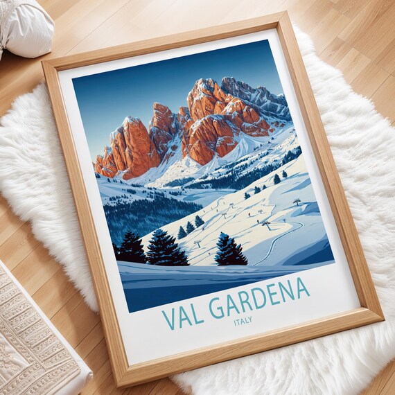 Val Gardena Italy Ski Travel Poster Snowy Dolomites Winter Peaks
