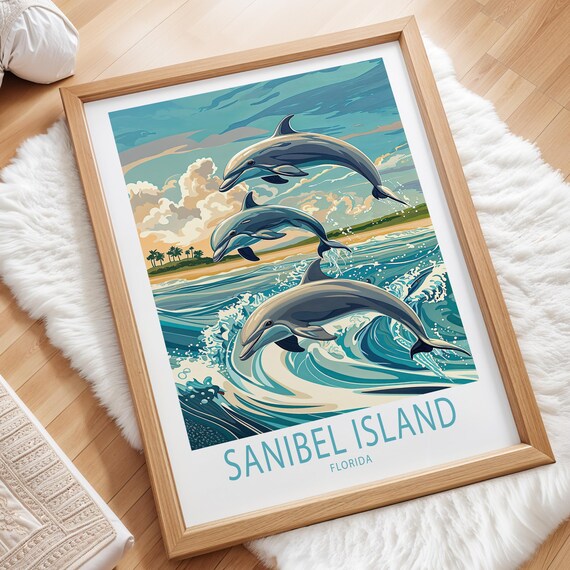 Sanibel Island Florida Travel Poster Wall Art Dolphin Print Home Decor Birthday Present Personalised Gifts