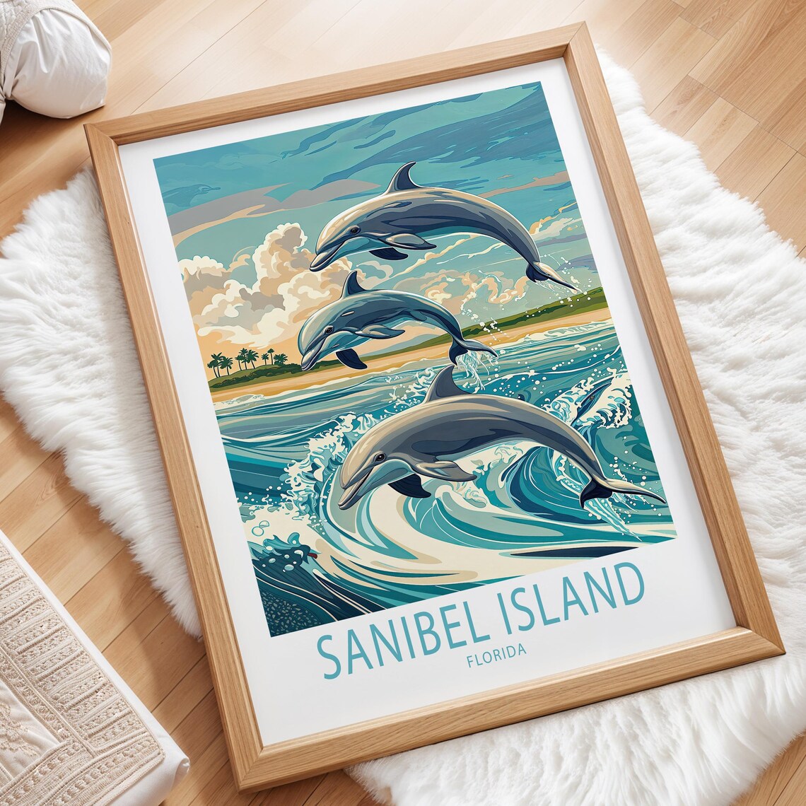 Sanibel Island Florida Dolphins Beach Coastal Art Travel Poster