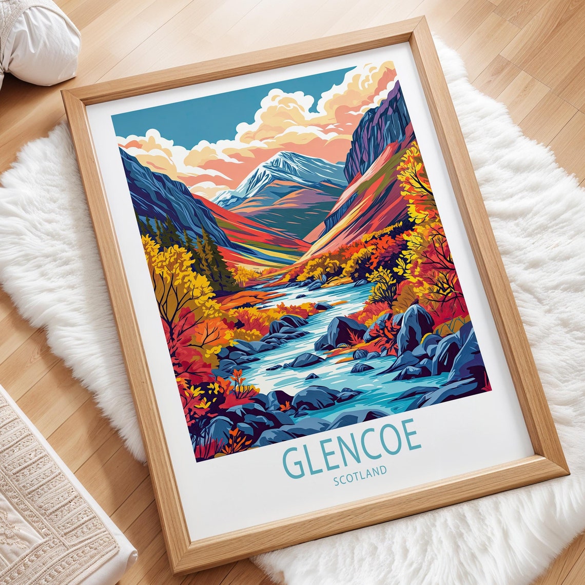 Glencoe Scotland Travel Poster Autumn Mountains River Valley