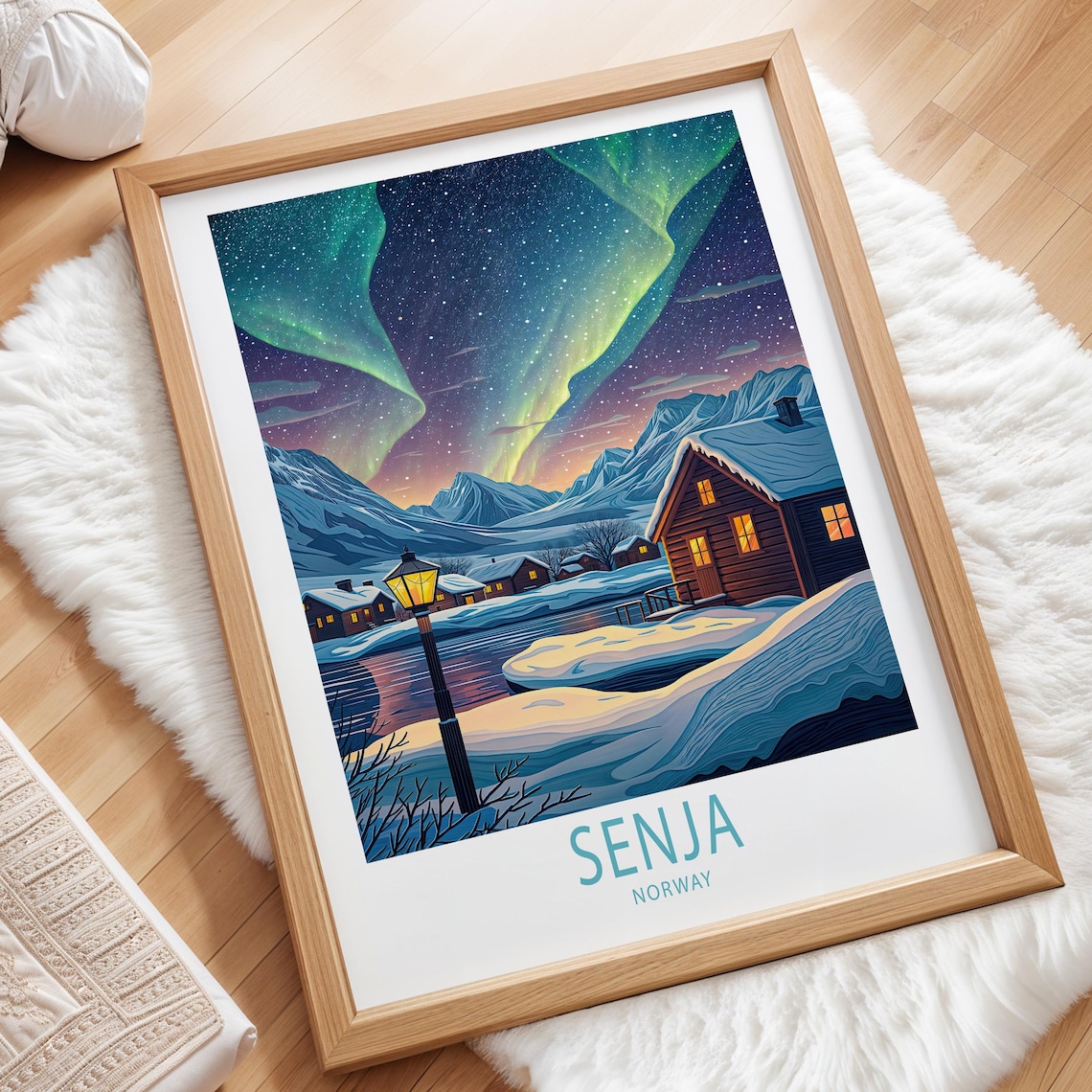 Senja Norway Northern Lights Winter Village Aurora Night Sky Travel Poster