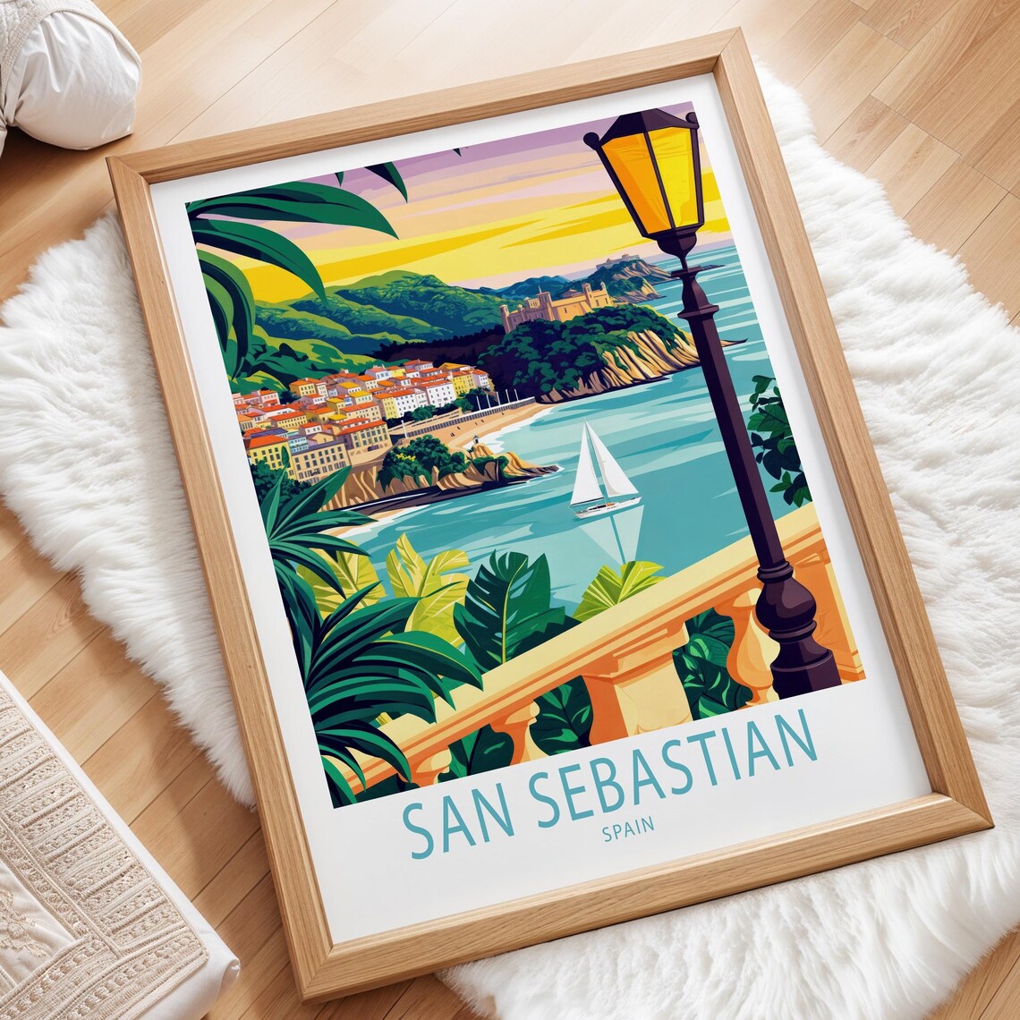 San Sebastian Spain Sunset Bay Sailboat Basque Coast Travel Poster