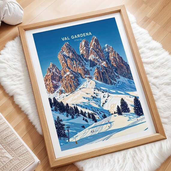 Val Gardena Italy Dolomites Winter Ski Slopes Retro Travel Poster