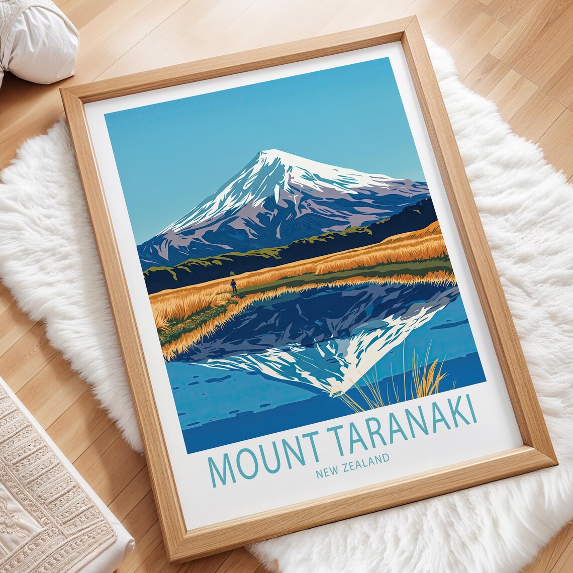 Mount Taranaki New Zealand Volcano Peak Reflection Golden Fields Poster - Image 3