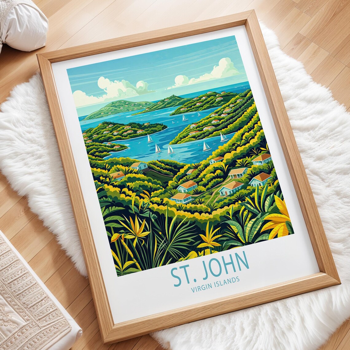 St. John Virgin Islands Aerial Tropical Bay With Sailing Boats Poster