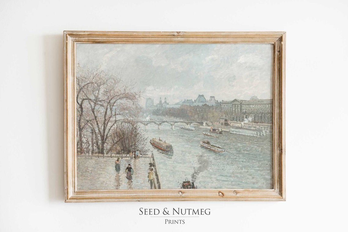 Paris Seine Louvre River Winter Boats Vintage Cityscape Poster