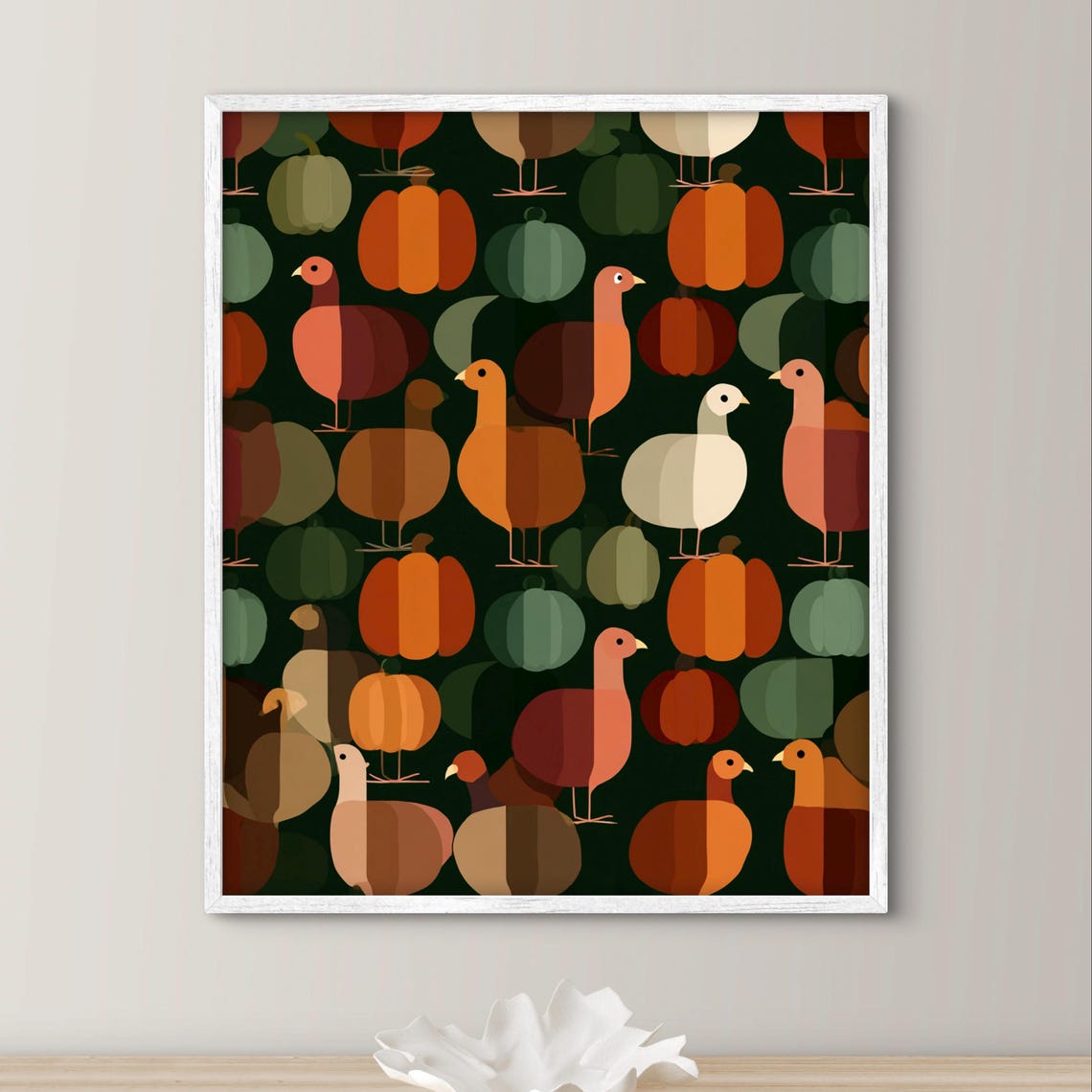 Geometric Thanksgiving Turkeys and Pumpkins Pattern Art Print