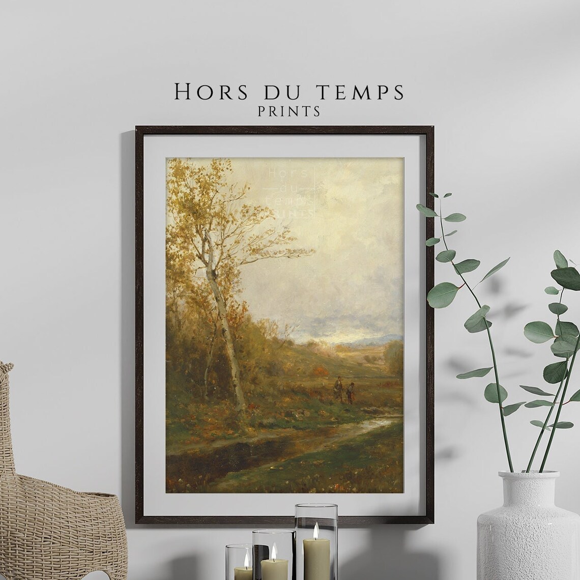 Moody Autumn Landscape Tall Tree Two Figures Antique Art Poster