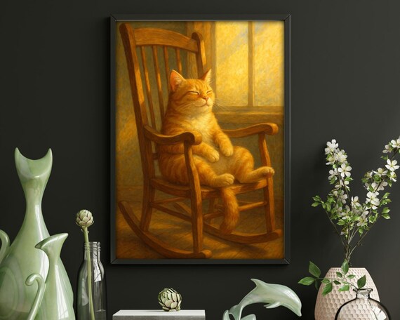 Sunbathing Cat In Rocking Chair, Cozy Vintage Animal Art