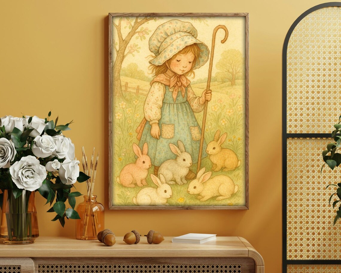 Vintage Girl And Bunnies, Whimsical Nursery Art - Image 2