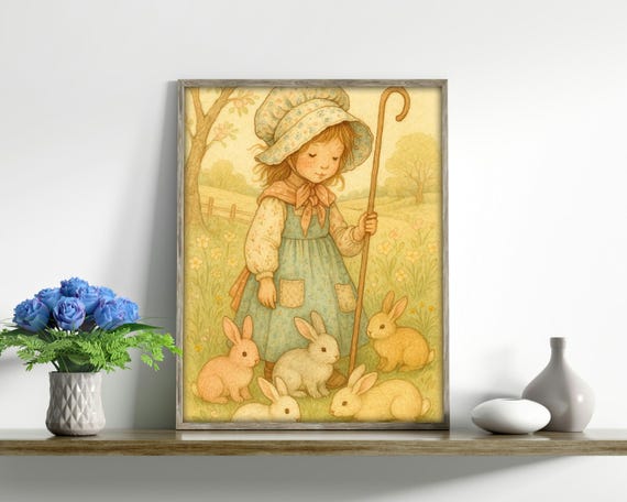 Vintage Girl And Bunnies, Whimsical Nursery Art
