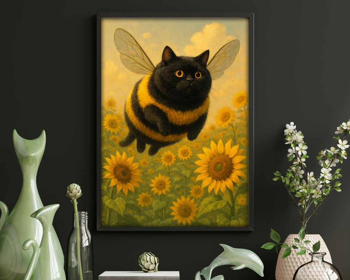 Cute Bee Cat, Whimsical Sunflower Field Art Print - Image 2