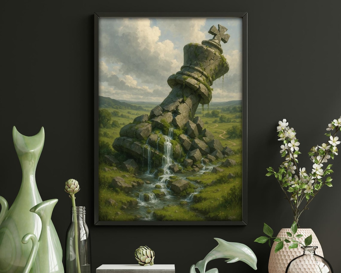 Fallen Stone King Waterfall Fantasy Landscape Art Print