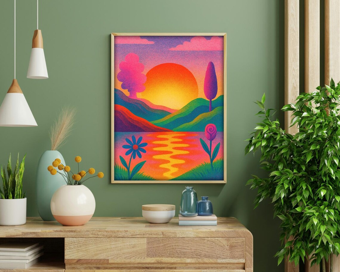 Whimsical Retro Sunset Landscape, Pop Art Print - Image 4