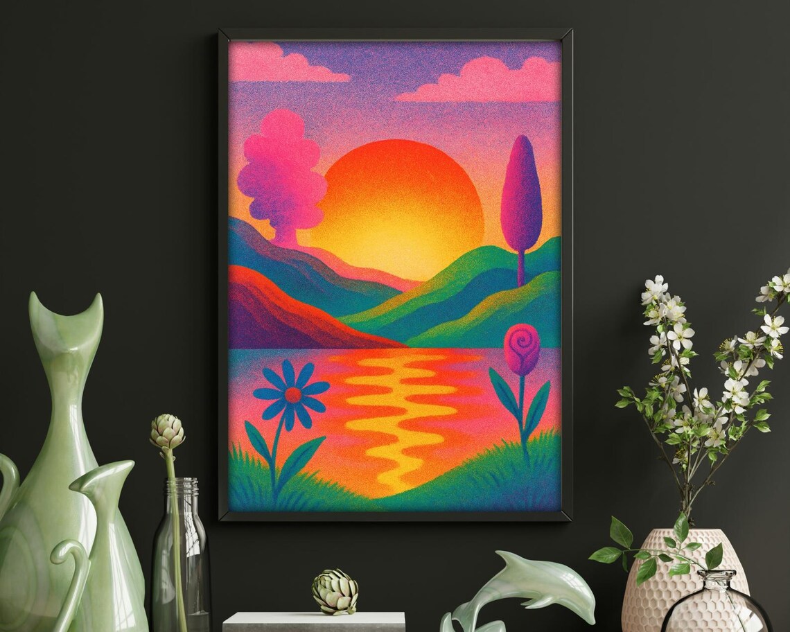 Whimsical Retro Sunset Landscape, Pop Art Print