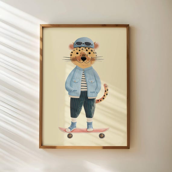 Skateboarding Tiger Nursery Wall Art Gender Neutral Playroom Decor Animal Toddler Room Poster