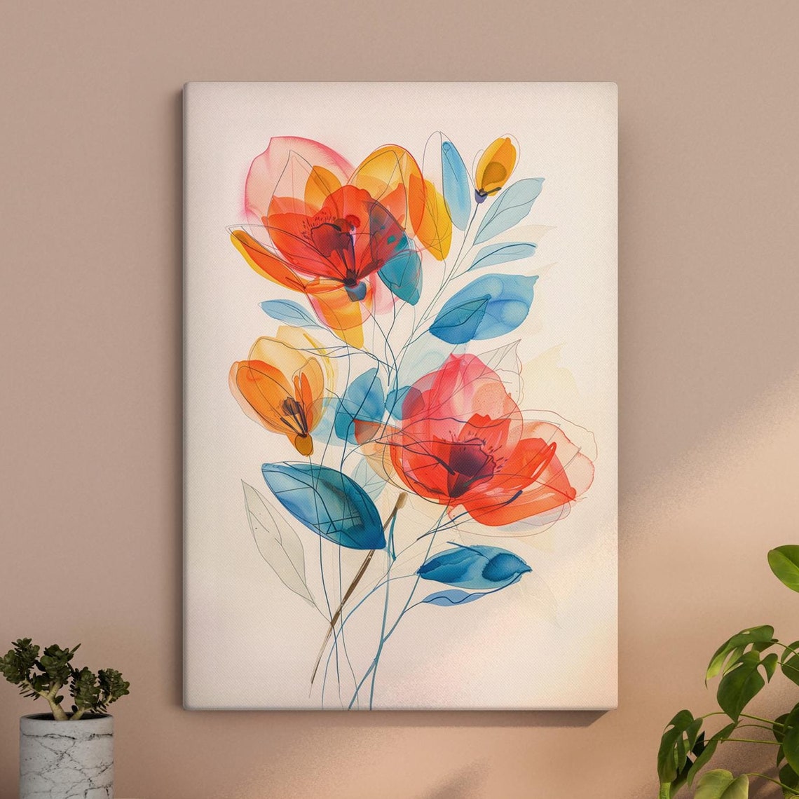 Translucent Watercolor Flowers Red Orange Blue Botanical Wall Poster