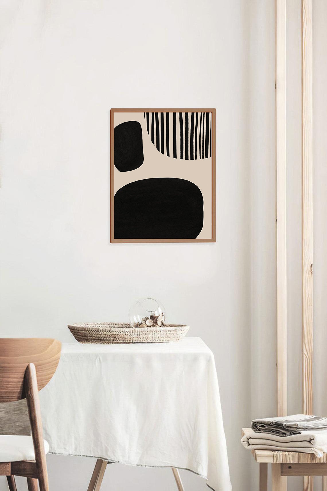 Black And Beige Modern Abstract Organic Shapes Stripes Wall Art - Image 3