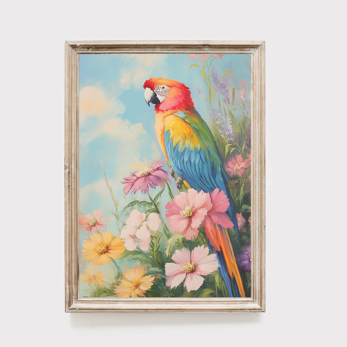Colorful Scarlet Macaw Parrot Pink Flowers Tropical Painting Poster