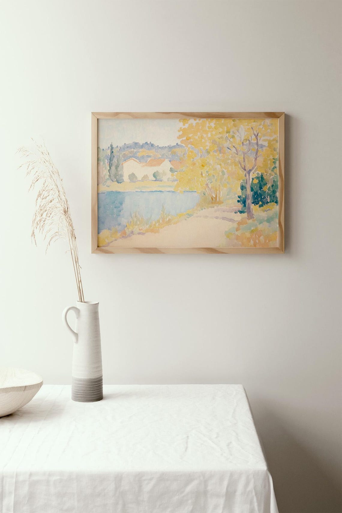 Autumn Riverbank Yellow Foliage Impressionist Landscape Wall Art - Image 2