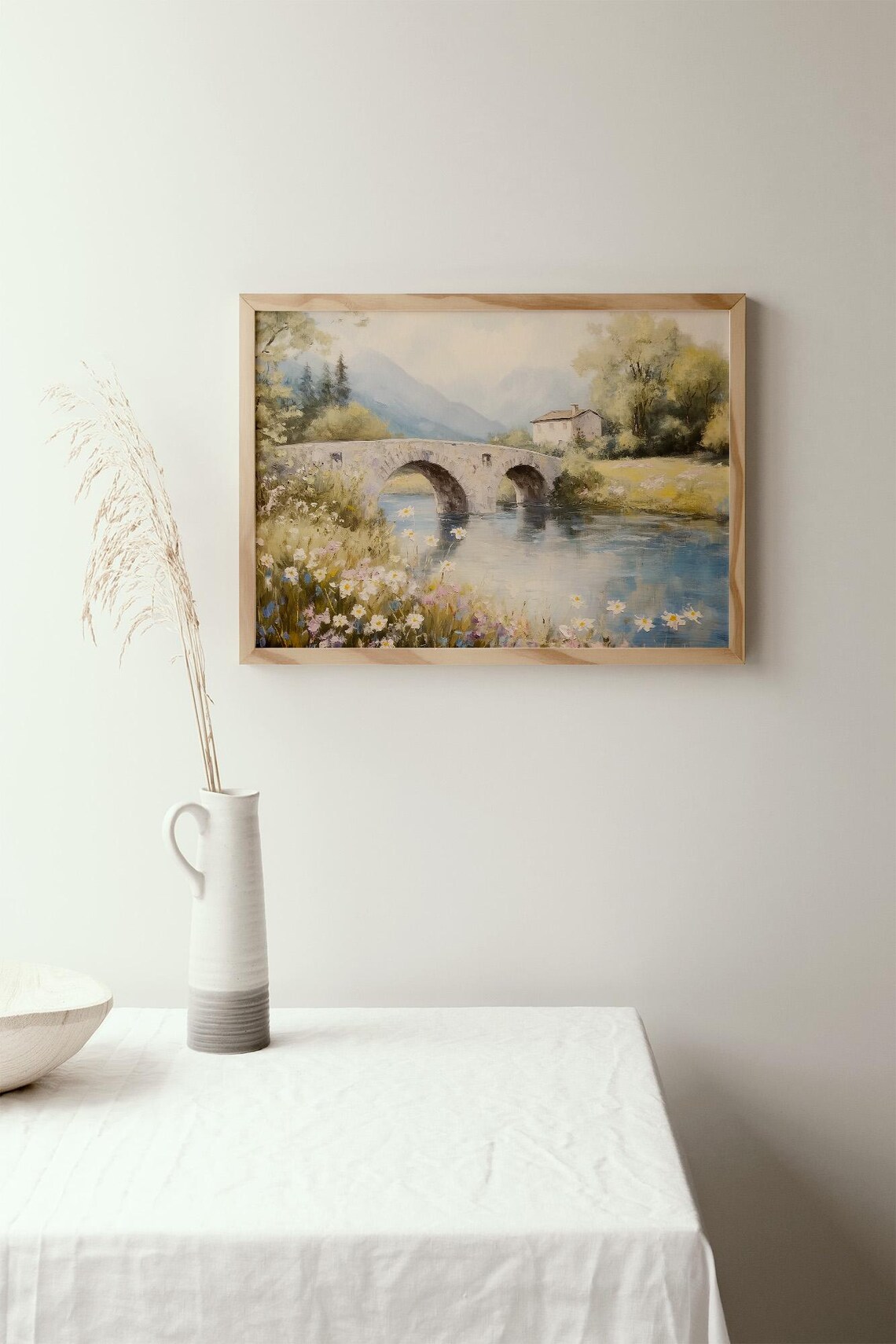 Stone Bridge Over River Wildflower Countryside Painting Poster - Image 2