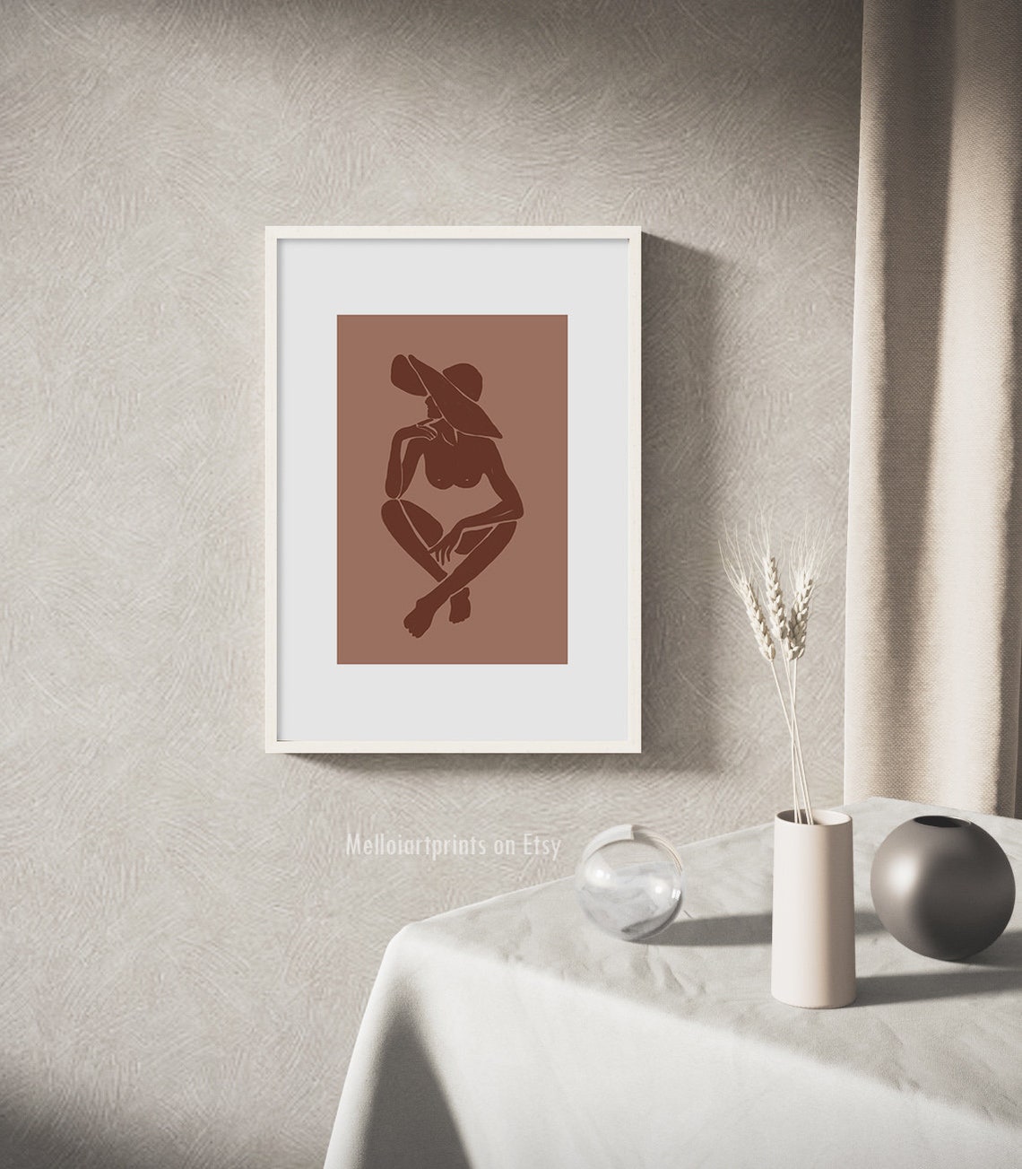 Terracotta Woman with Hat Seated Figure Silhouette Art Poster - Image 2