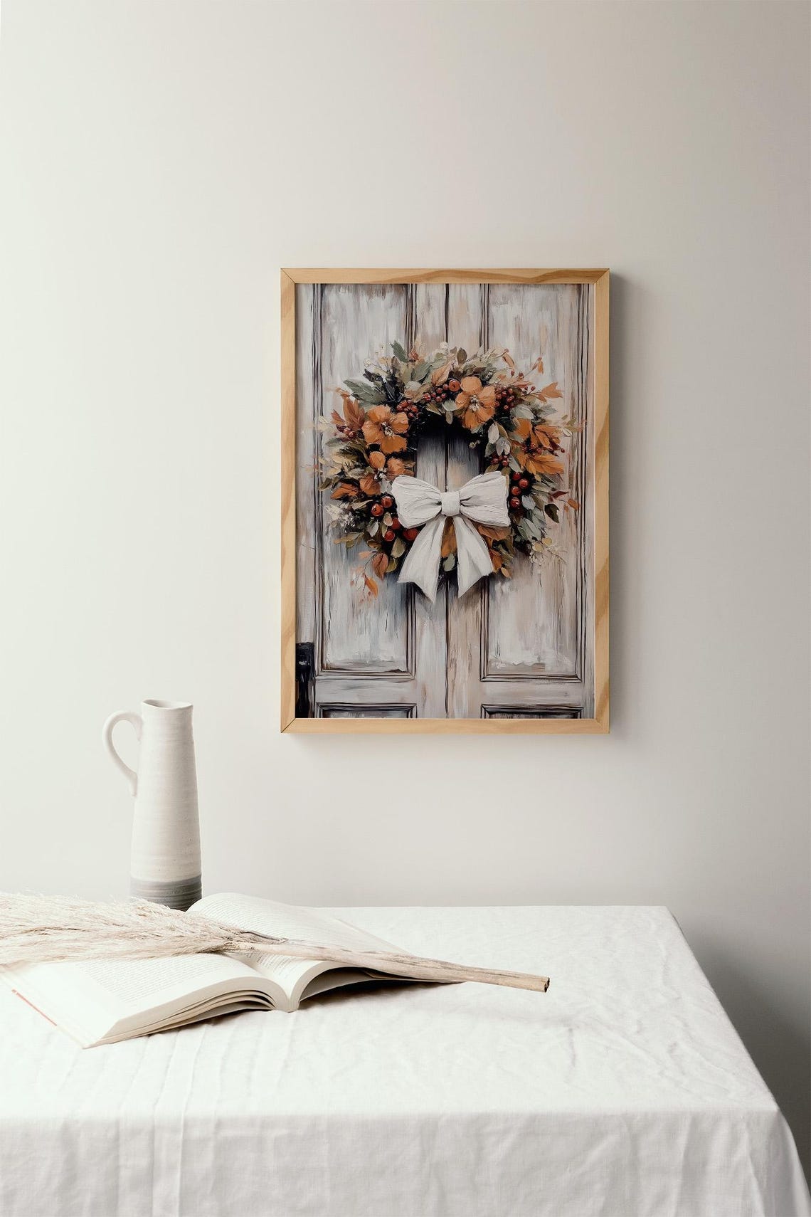 Charming Autumn Floral Wreath on Rustic Door Fall Painting Poster - Image 2