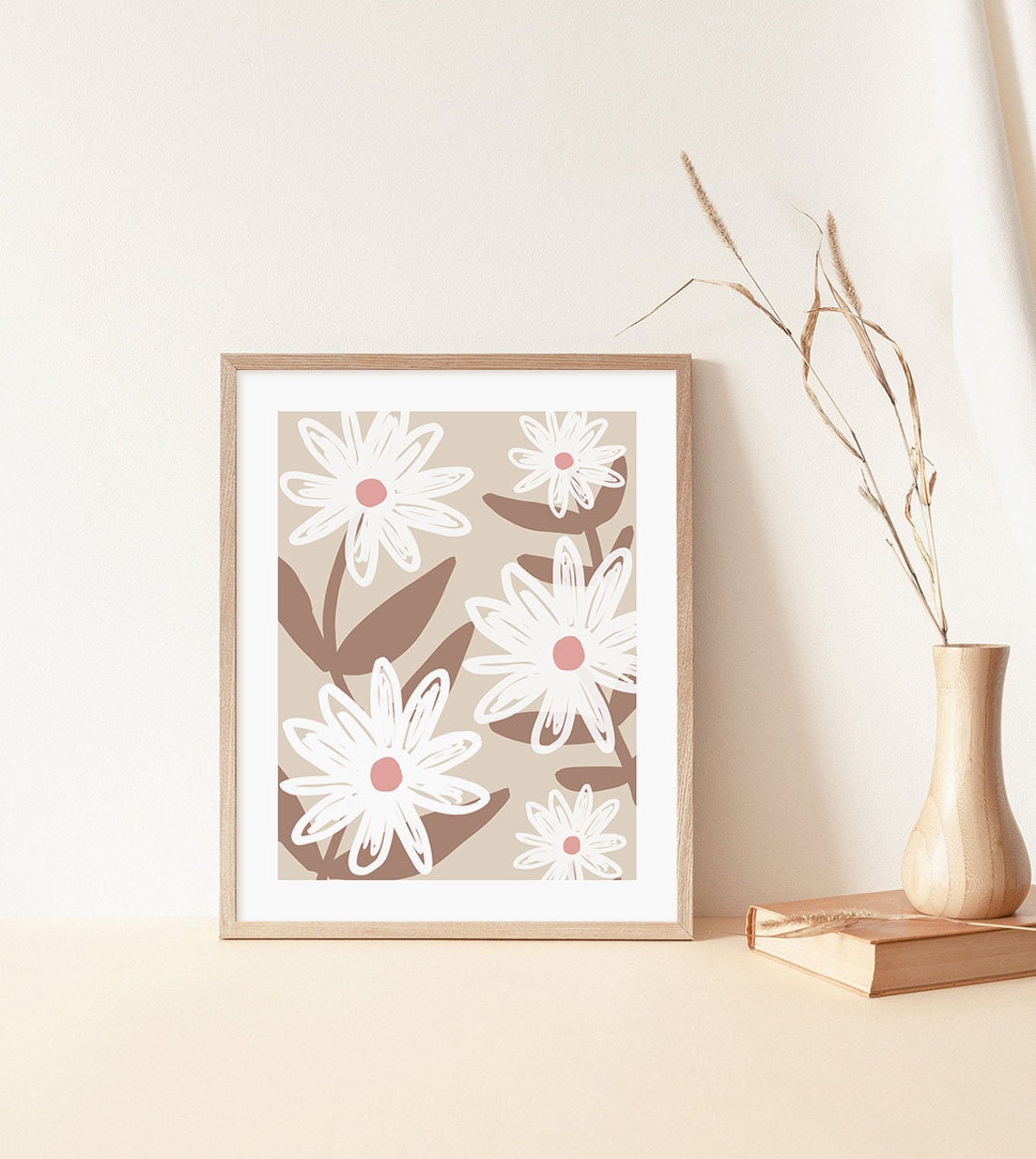 White Daisy Floral Pattern with Pink Centers on Beige Botanical Poster - Image 3