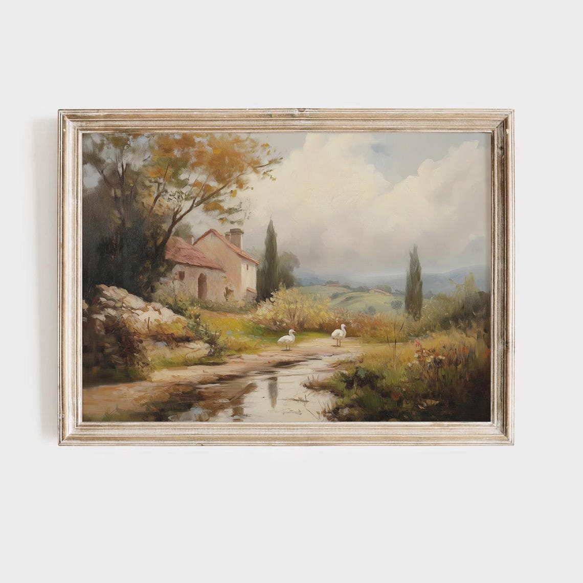 Rustic Farmhouse by a Stream With Two White Geese Pastoral Poster