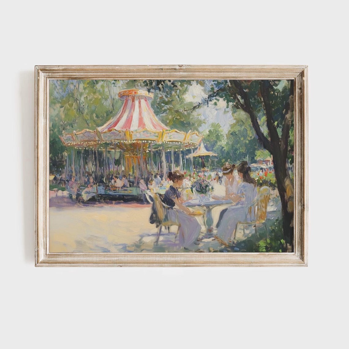 Vintage Carousel in a Park With Women at a Cafe Table Summer Poster