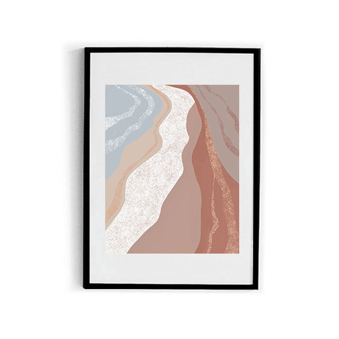Blue Beige Terracotta Flowing Waves Abstract Gold Line Wall Poster - Image 2